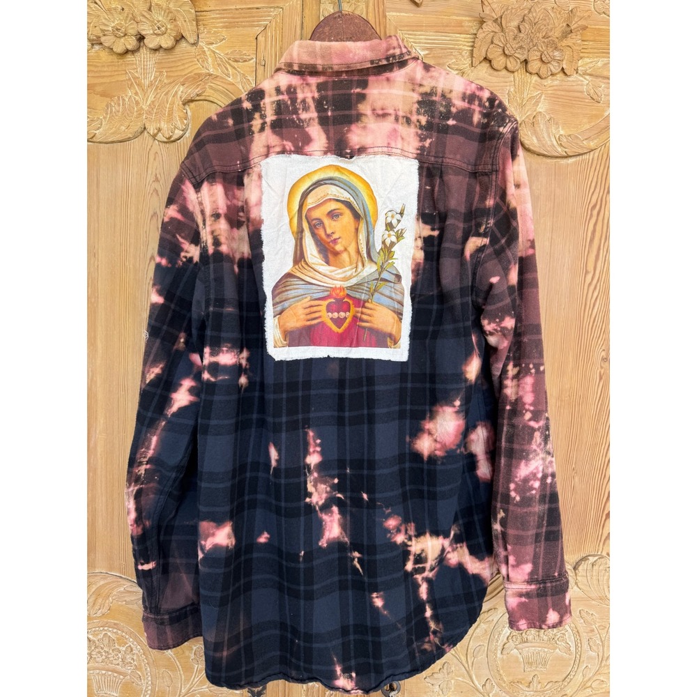 One-of-a-Kind Sacred Heart Mary Bleached Flannel Shirt Wearable Art | Large Tall - Picture 8 of 9